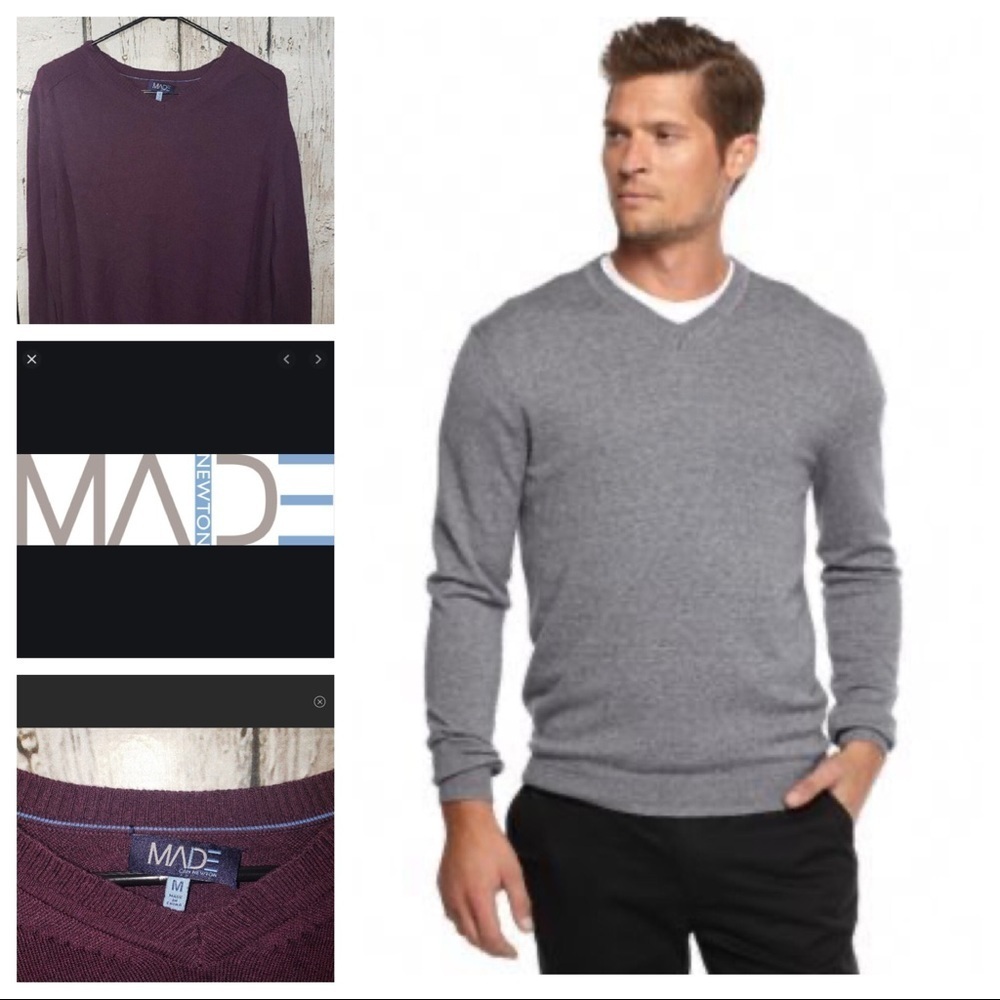 MADE by CAN NEWTON Men's V-Neck Long Sleeve Sweater Purple‎ M Cotton Modal